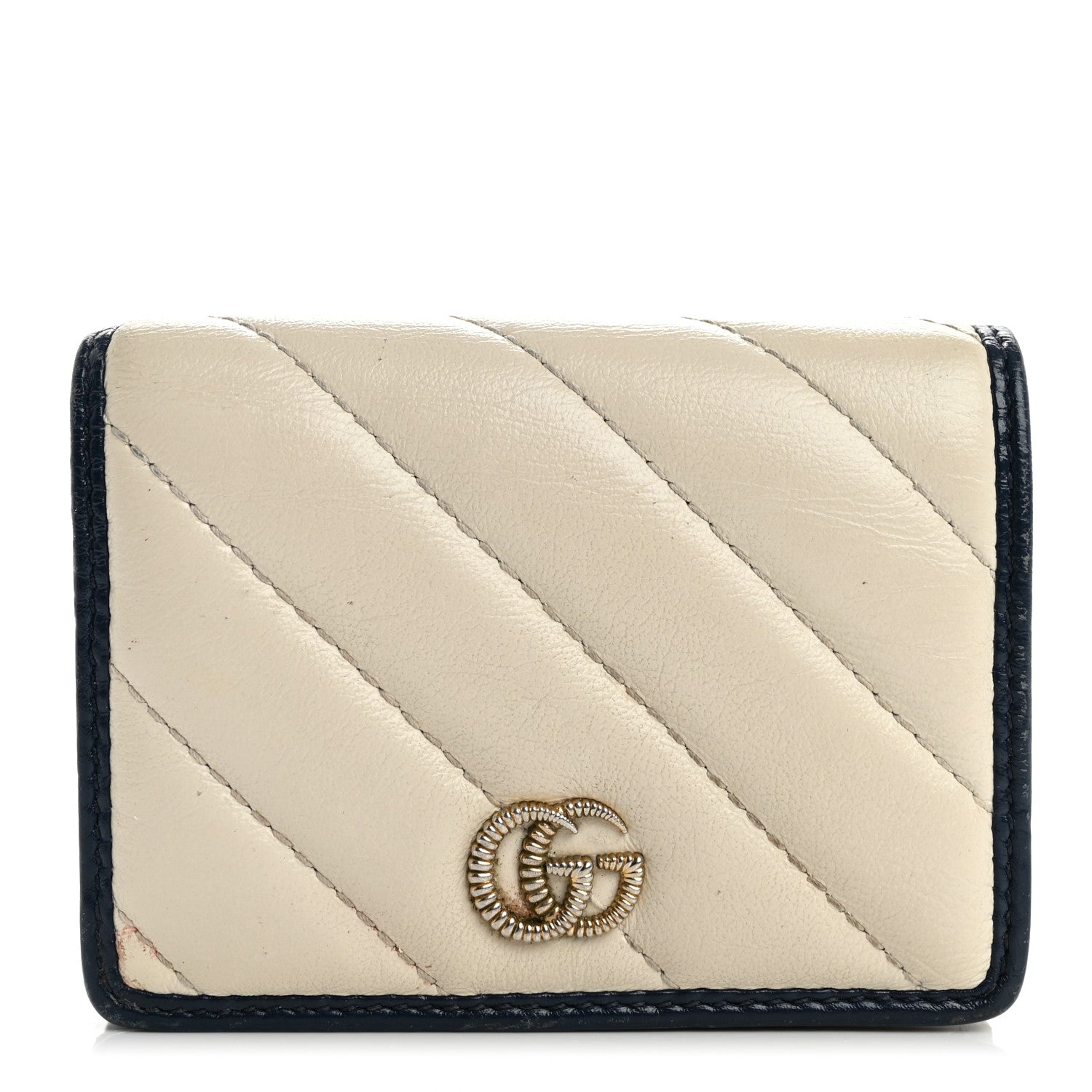 Gucci Vintage Effect Calfskin Matelasse Diagonal Torchon GG Marmont Card Case Wallet Mystic White Blue Agata 1 of 13