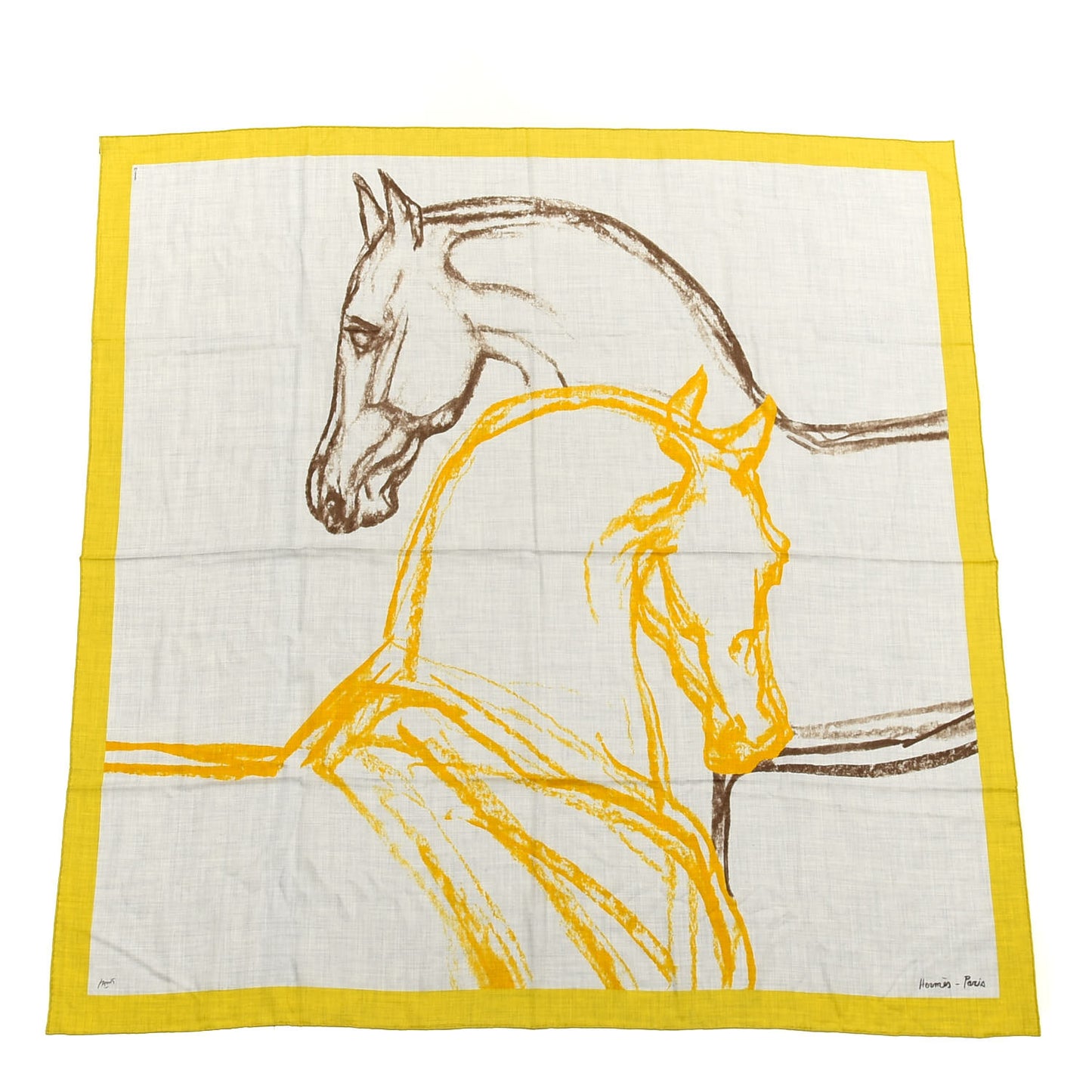 Cashmere Silk Chevaux Au Pre Shawl 140 Gris Chine Jaune Taupe