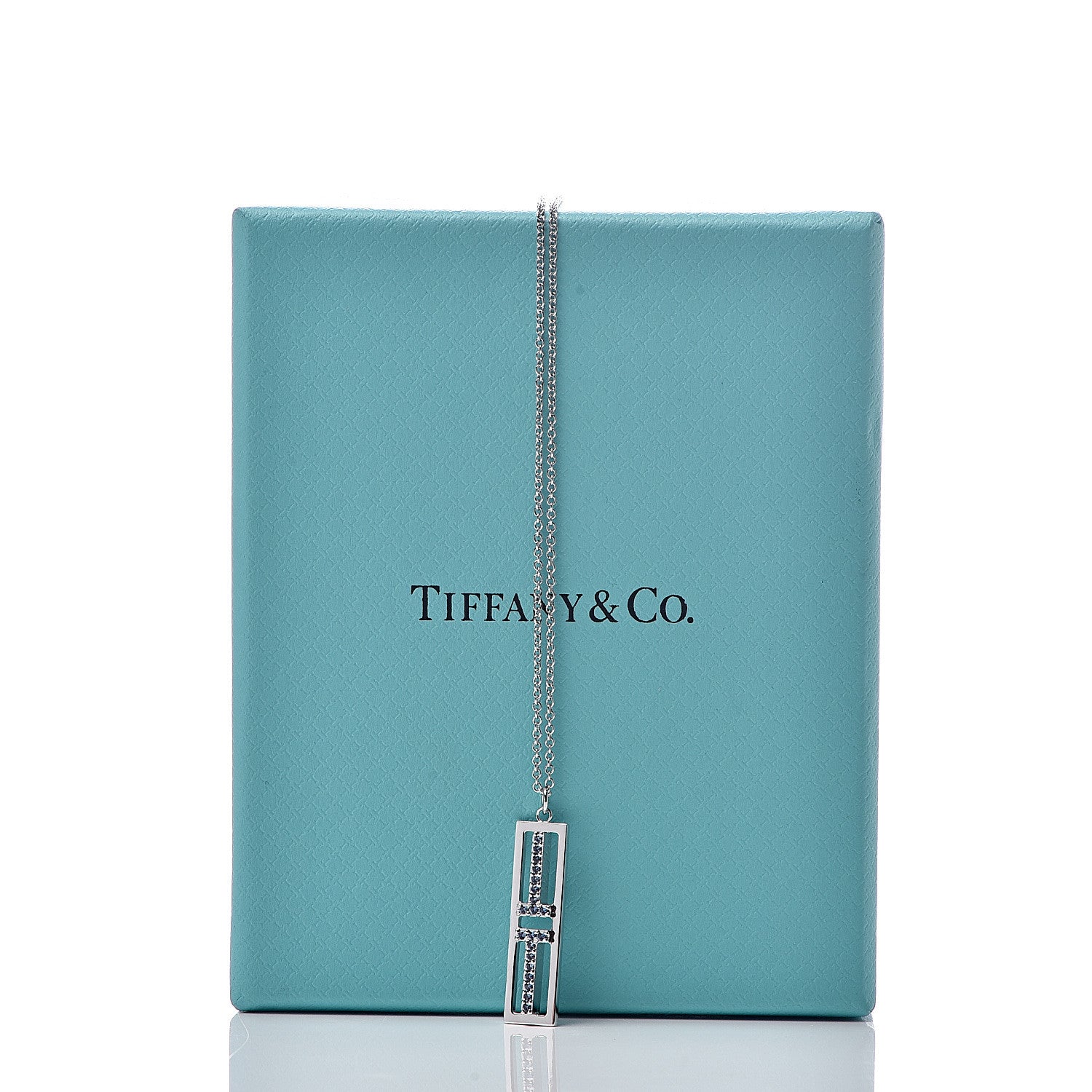 Tiffany 18K White Gold Blue Sapphire T Open Vertical Bar Pendant Necklace 7 of 7