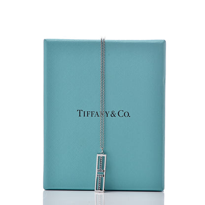 Tiffany 18K White Gold Blue Sapphire T Open Vertical Bar Pendant Necklace 7 of 7