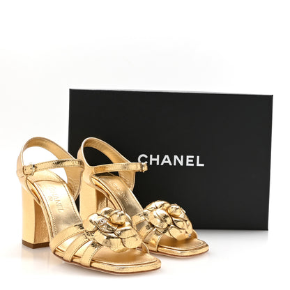 Chanel Laminated Lambskin Camellia Sandals 37.5 Gold 9 of 9
