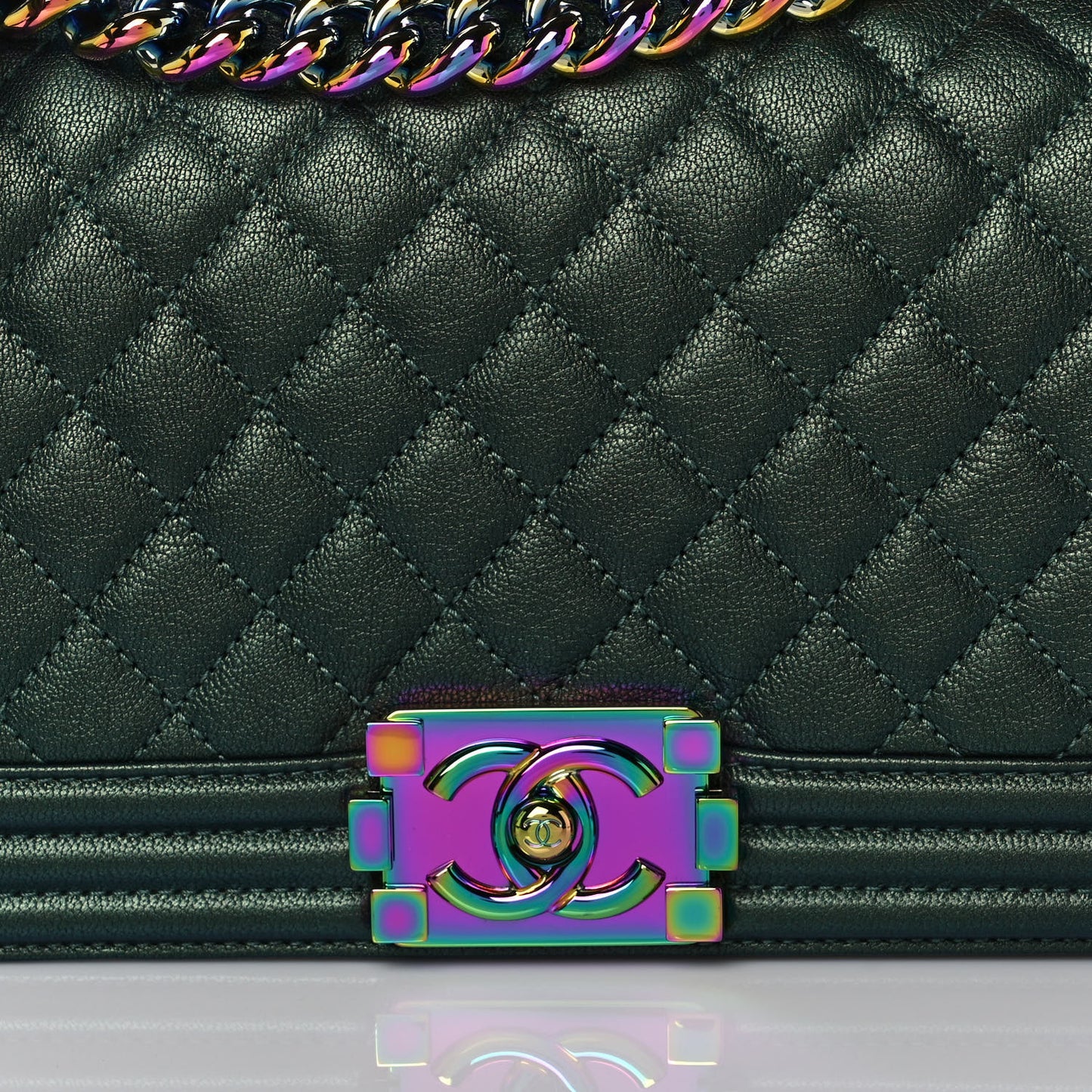 Iridescent Goatskin Quilted Medium Boy Flap Green
