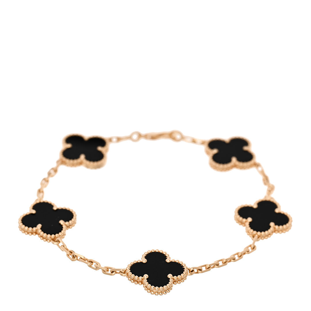Van Cleef & Arpels 18K Yellow Gold Black Onyx 5 Motifs Vintage Alhambra Bracelet 1 of 4
