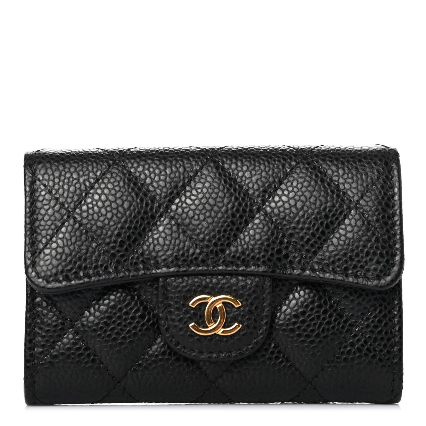 Caviar Quilted Flap Card Holder Wallet Black