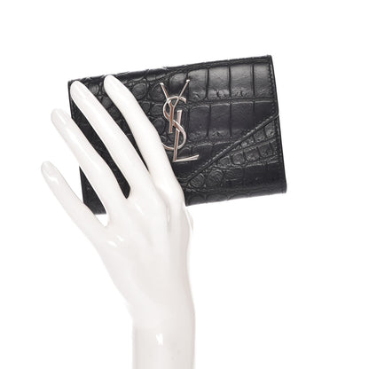 Saint Laurent Calfskin Crocodile Embossed Small Monogram Envelope Wallet Black 2 of 8