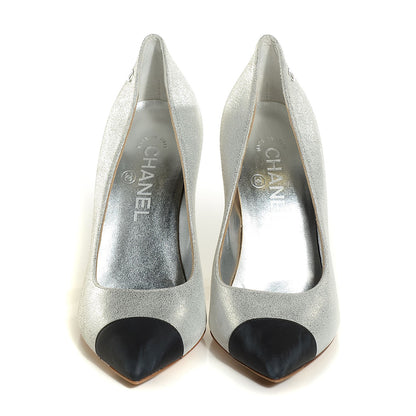 Chanel Metallic Crackled Leather Cap Toe Pumps 37 Silver Black 2 of 7