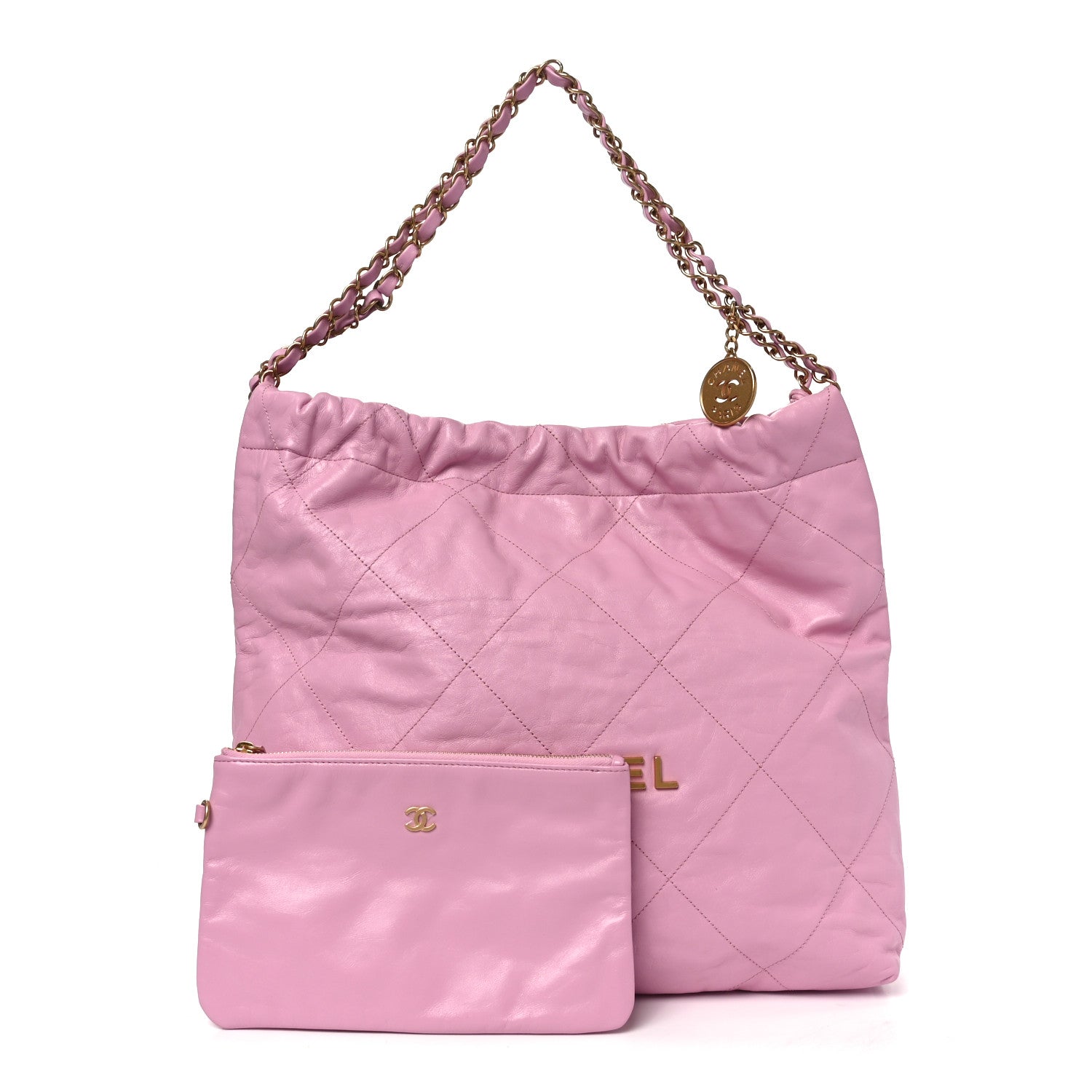 Chanel Shiny Calfskin Quilted Chanel 22 Drawstring Bag Pink
