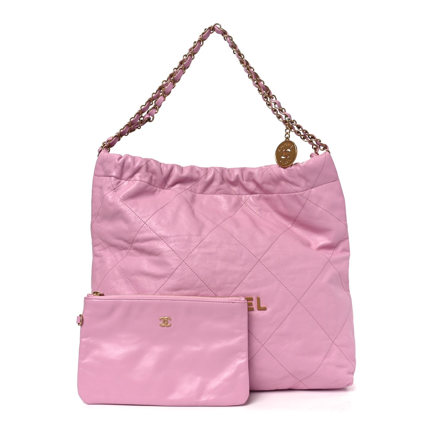 Shiny Calfskin Quilted Chanel 22 Drawstring Bag Pink