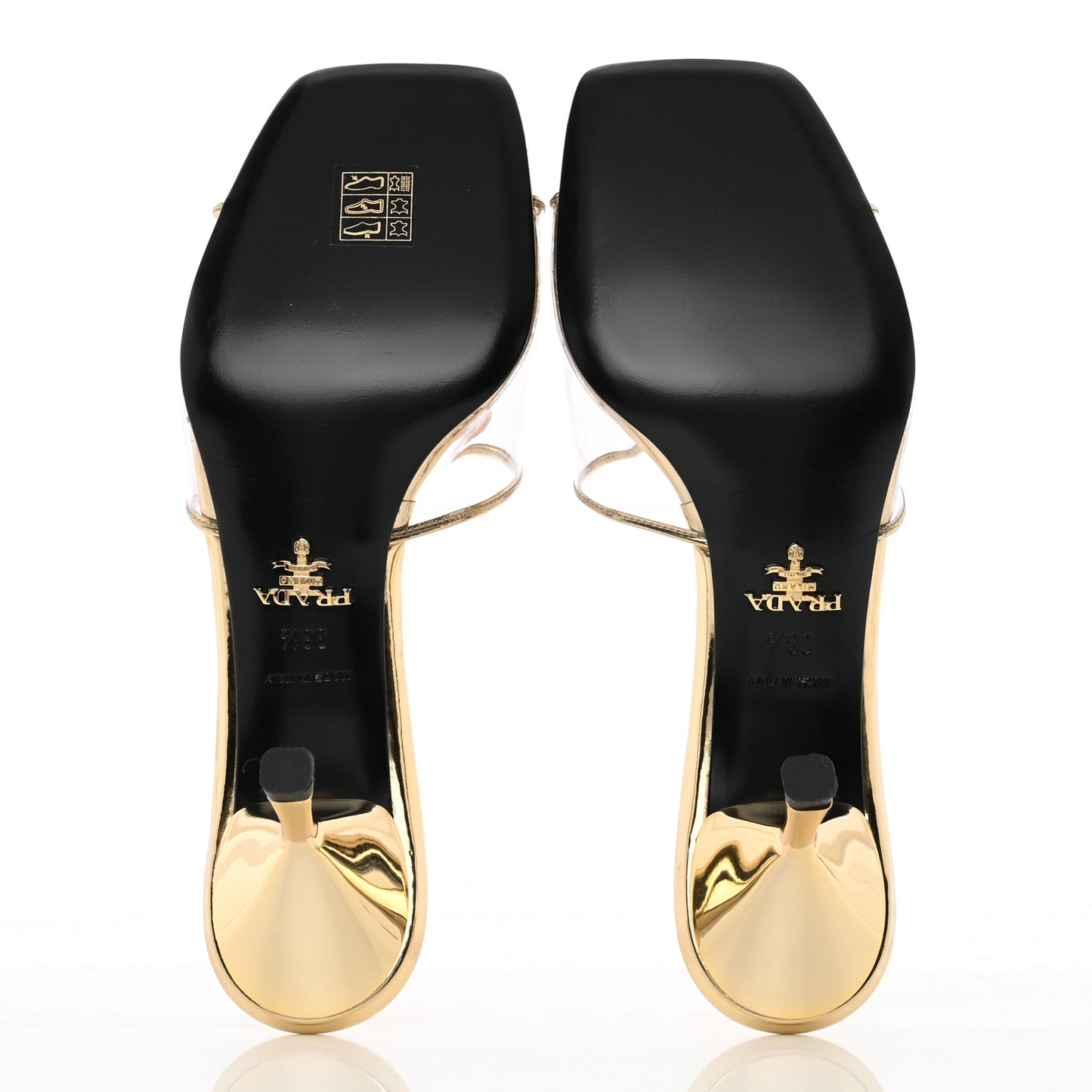 Plexiglass Metallic Calfskin Metal Triangle Logo 65mm Slide Sandals 38.5 Platino