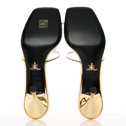 Prada Plexiglass Metallic Calfskin Metal Triangle Logo 65mm Slide Sandals 38.5 Platino 5 of 10