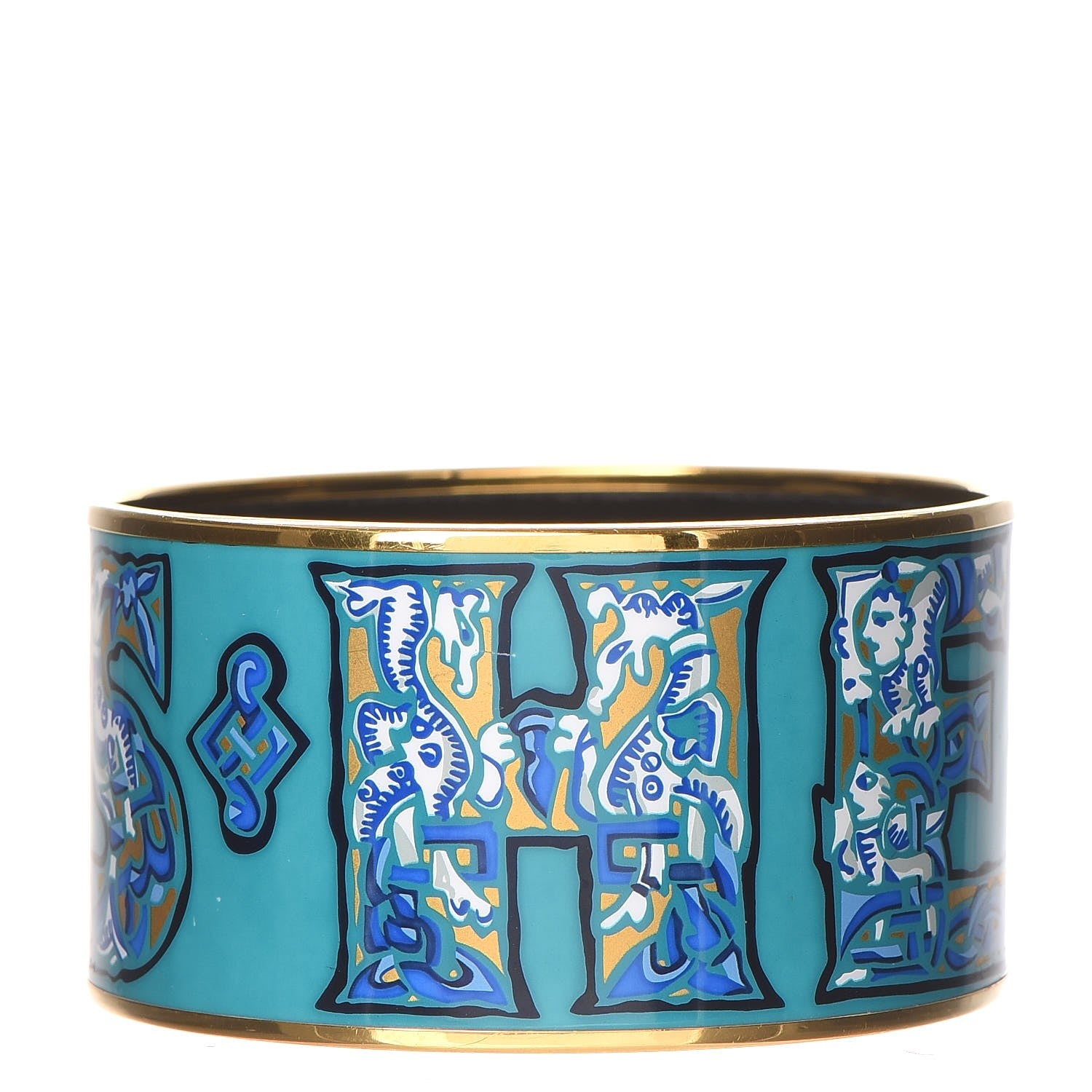 Hermes Enamel Printed Alphabet Russe Extra Wide Bracelet 70 Turquoise Bleu Kaki Jaune 1 of 5