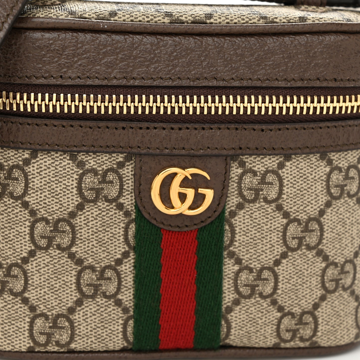 GG Supreme Monogram Textured Calfskin Web Mini Ophidia Top Handle Bag Beige Ebony New Acero