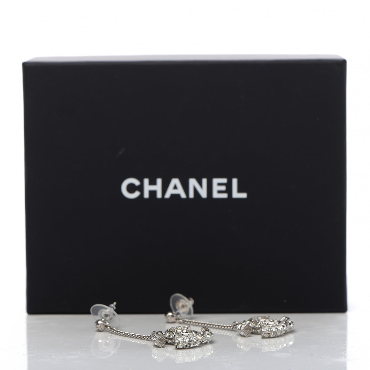 Baguette Crystal CC Drop Earrings Silver