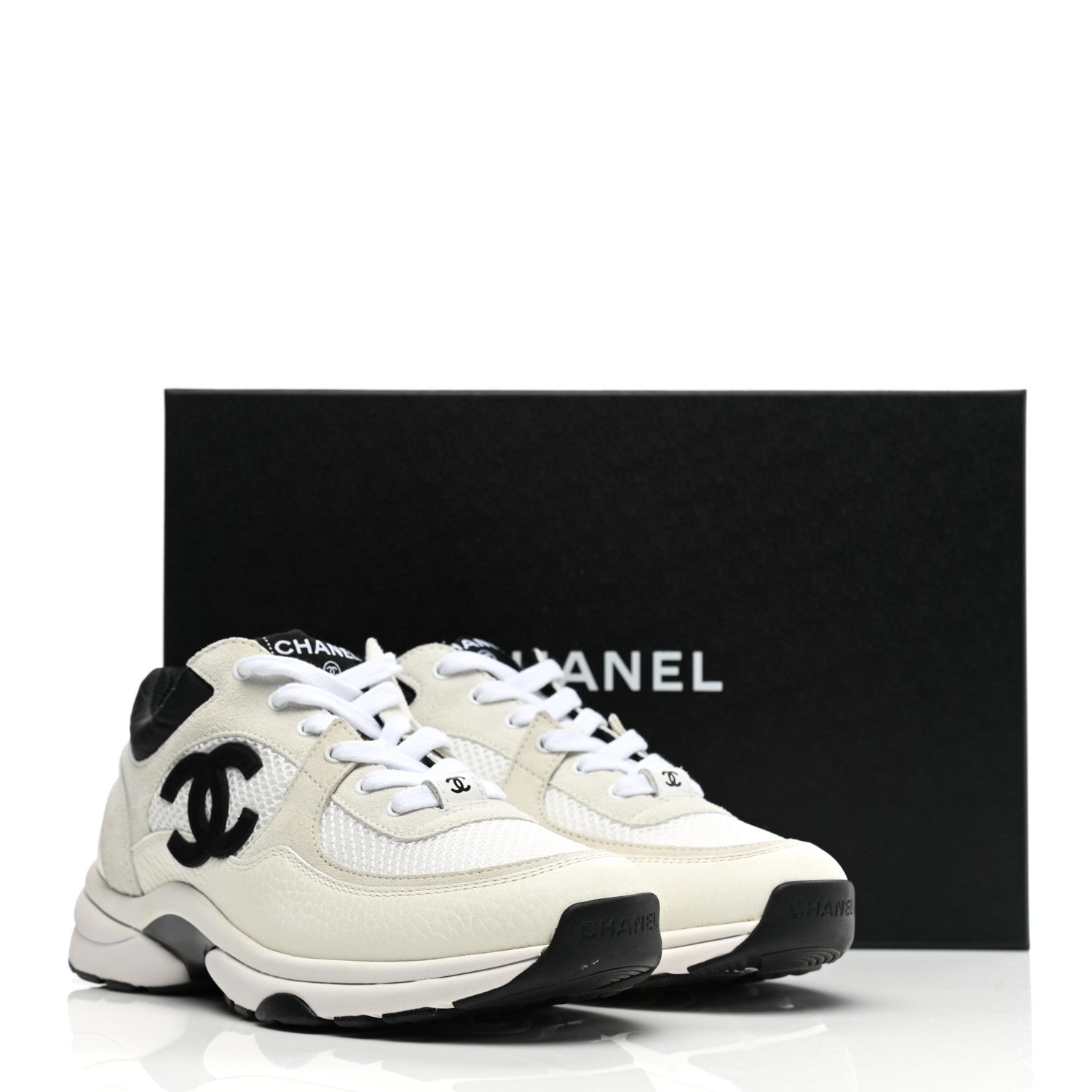 Chanel Mesh Suede Calfskin Grained Calfskin Womens CC Sneakers 38 White Black 9 of 9