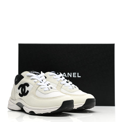 Chanel Mesh Suede Calfskin Grained Calfskin Womens CC Sneakers 38 White Black 9 of 9