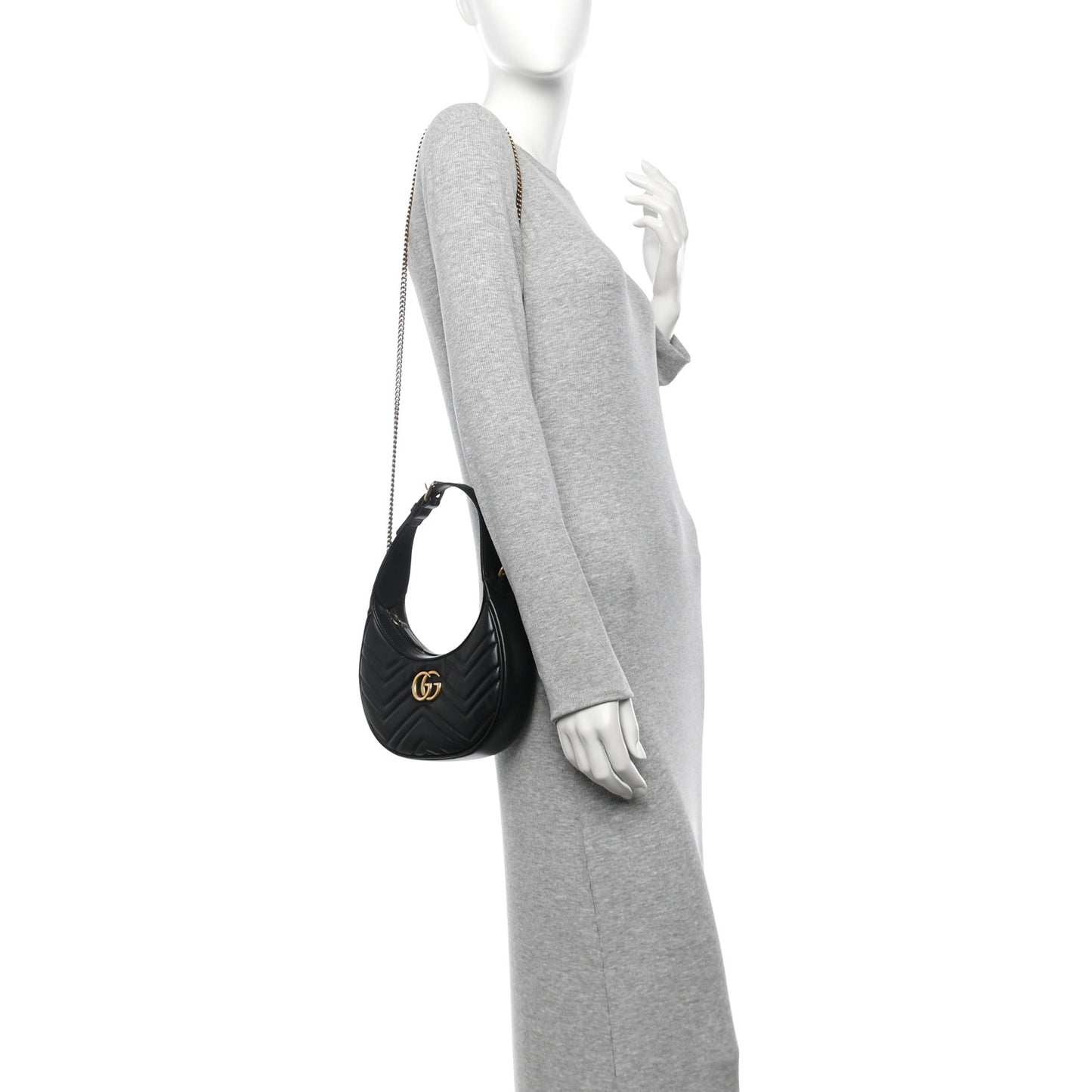 Calfskin Matelasse Chevron Mini GG Marmont Half Moon Hobo Black