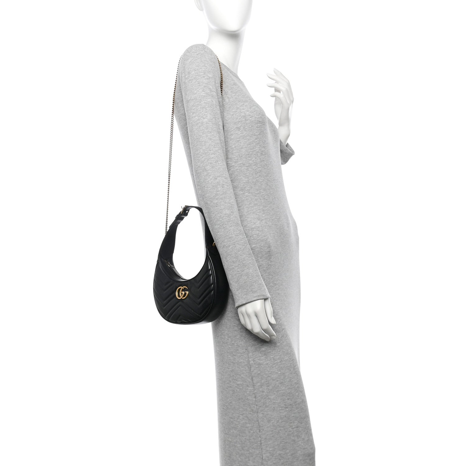 Gucci Calfskin Matelasse Chevron Mini GG Marmont Half Moon Hobo Black 2 of 10