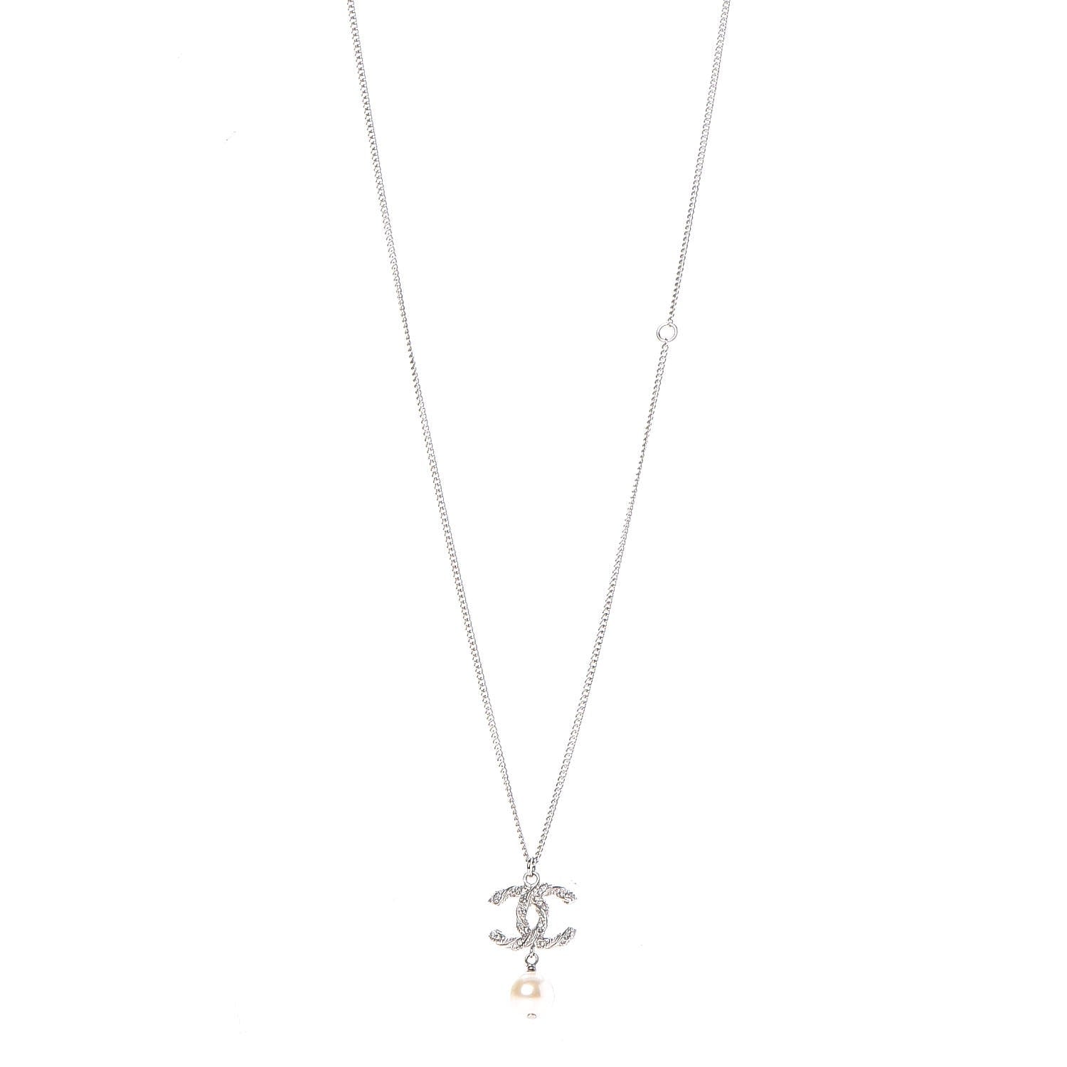 Chanel Pearl Crystal Twisted CC Necklace Silver 1 of 6