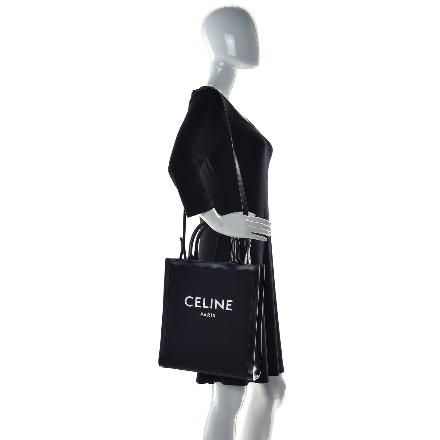 Canvas Calfskin Small Vertical Cabas Black