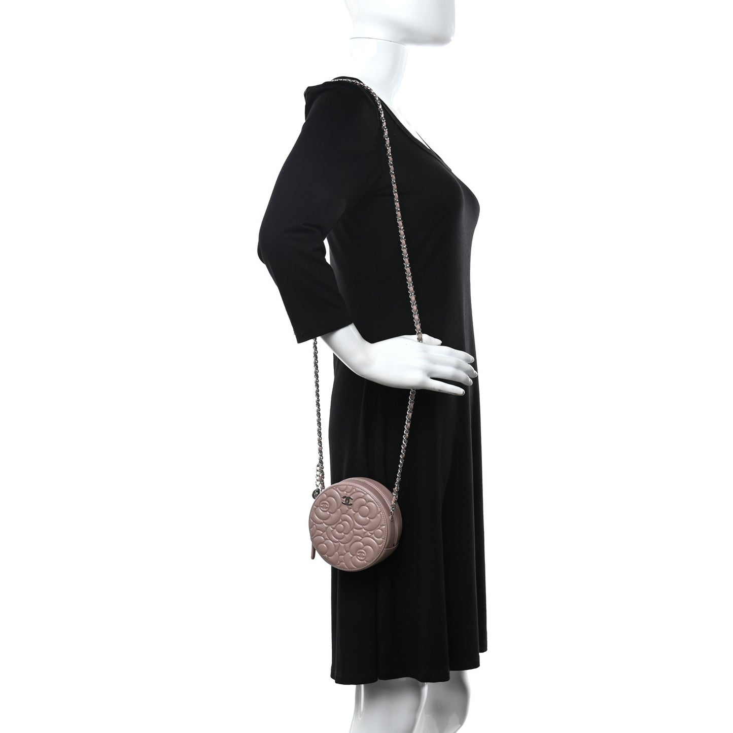 Goatskin Camellia Quilted Round Clutch With Chain Light Pink