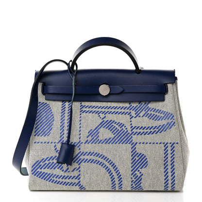 Hermes Vache Hunter Toile H Brides de Gala Herbag Zip Retourne 31 PM Bleu De France Ecru Black 3 of 16
