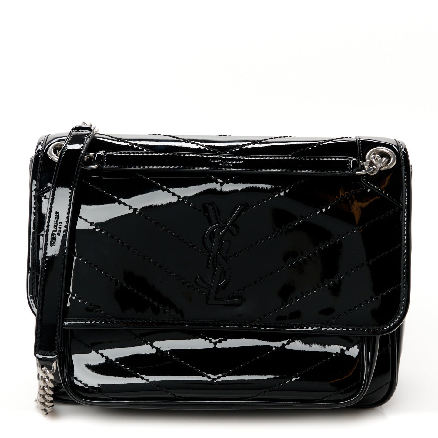 Patent Matelasse Monogram Medium Niki Chain Satchel Black