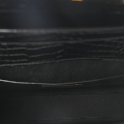 Saint Laurent Shiny Calfskin Crocodile Embossed Manhattan Baguette Black 5 of 10