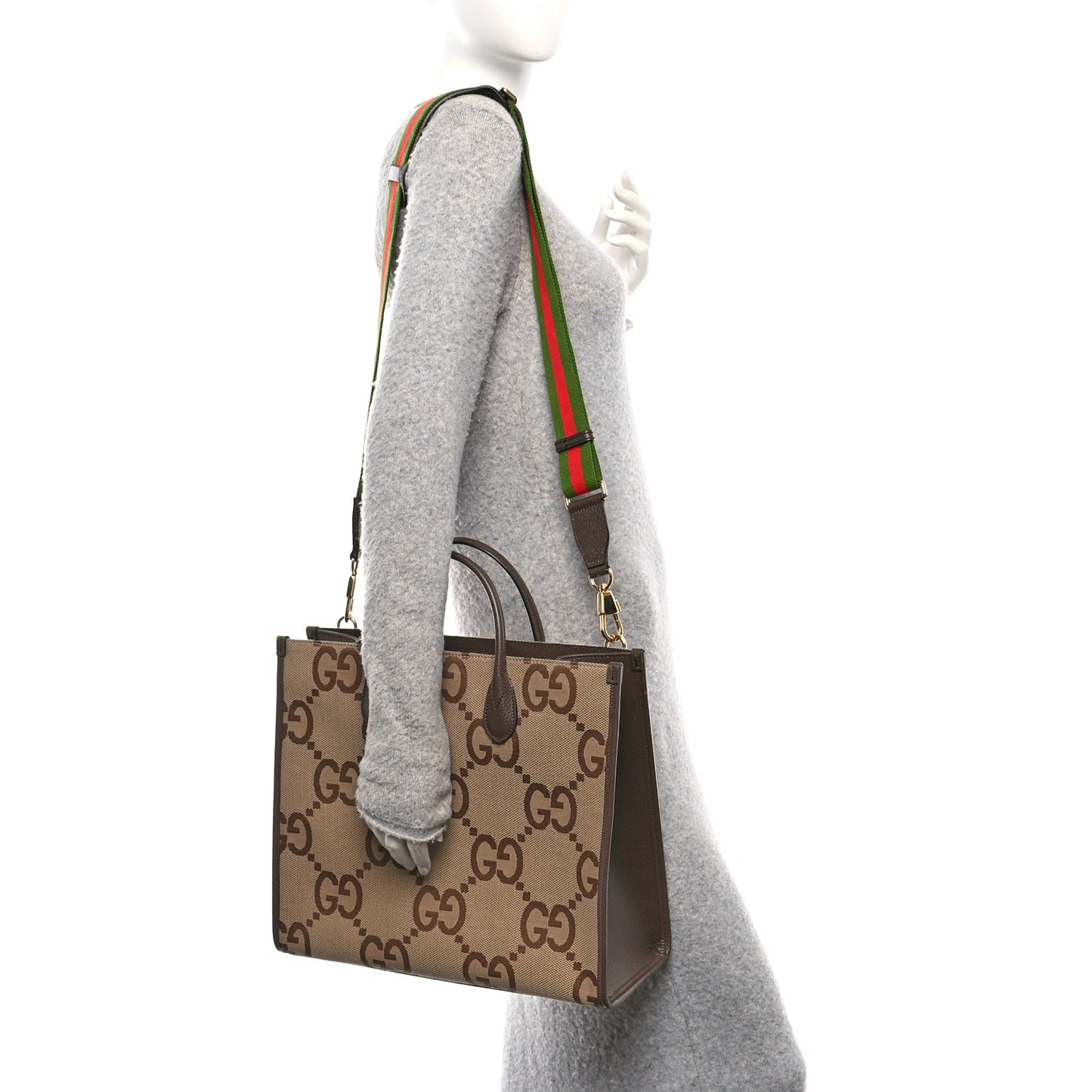 Monogram Jumbo GG Textured Dollar Calfskin Web Tote Bag Camel Ebony New Acero