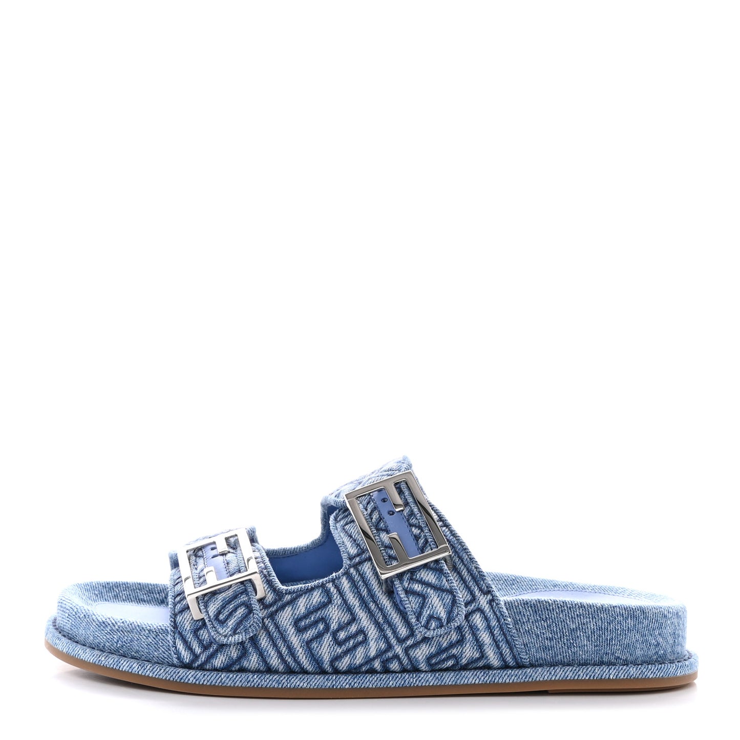 Denim Jacquard FF Womens Fendi Feel Buckled Slide Sandals 39.5 Blue