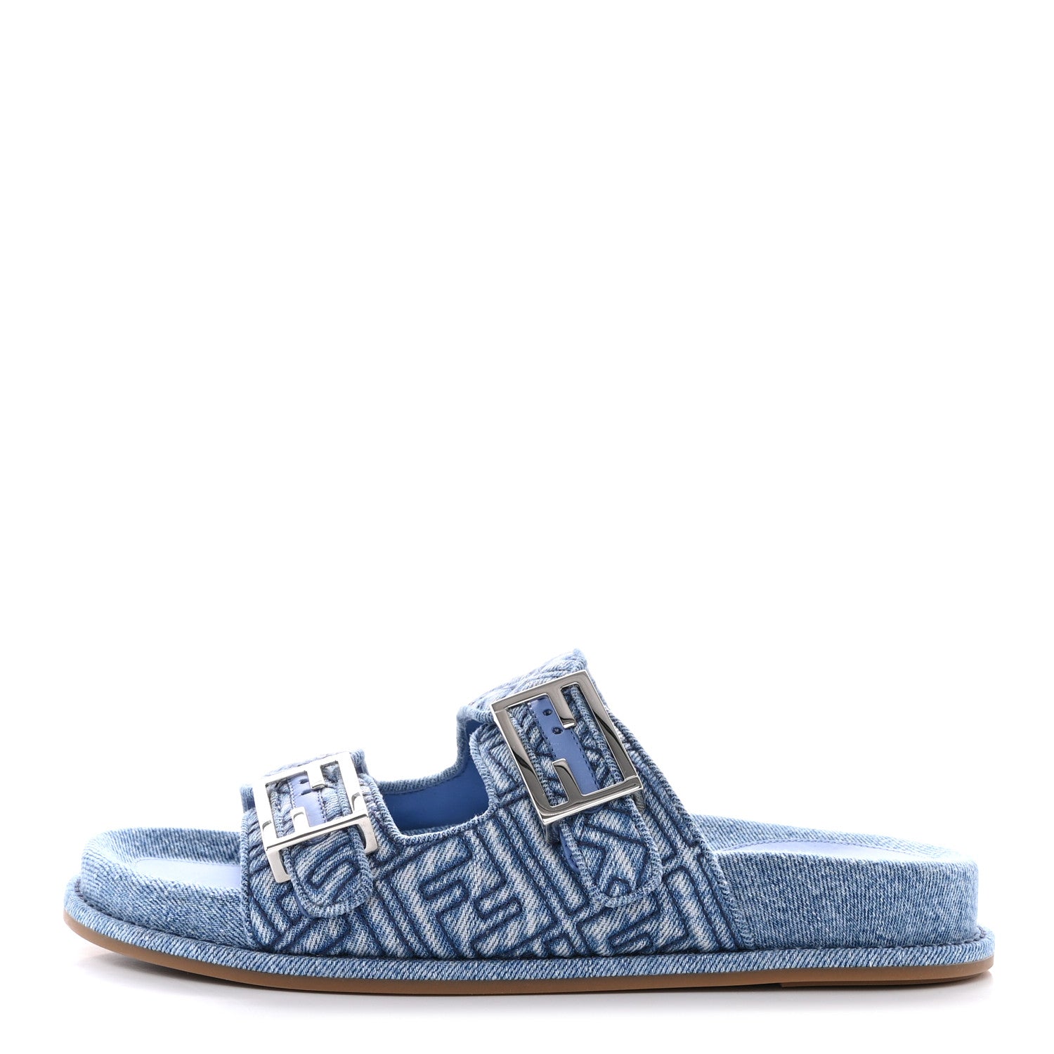 Fendi Denim Jacquard FF Womens Fendi Feel Buckled Slide Sandals 39.5 Blue 1 of 10