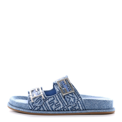 Fendi Denim Jacquard FF Womens Fendi Feel Buckled Slide Sandals 39.5 Blue 1 of 10