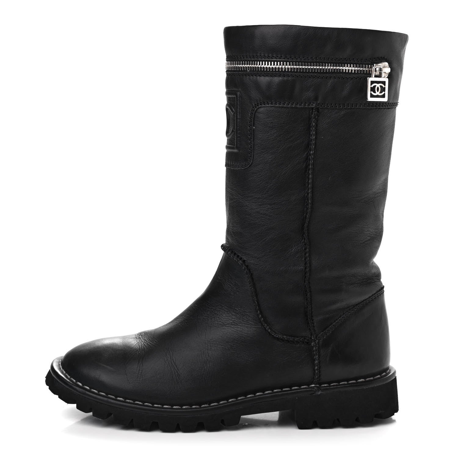 Chanel Calfskin Motorcycle Zipper Boots 37 Black 1 of 7