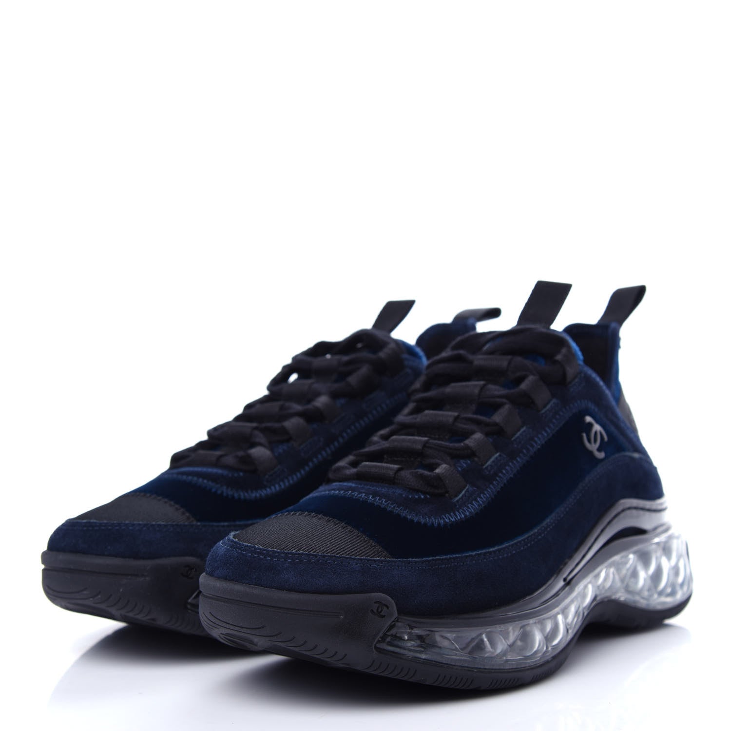 Chanel Suede Calfskin Velvet Grosgrain CC Sneakers 36.5 Navy Blue Black 3 of 11