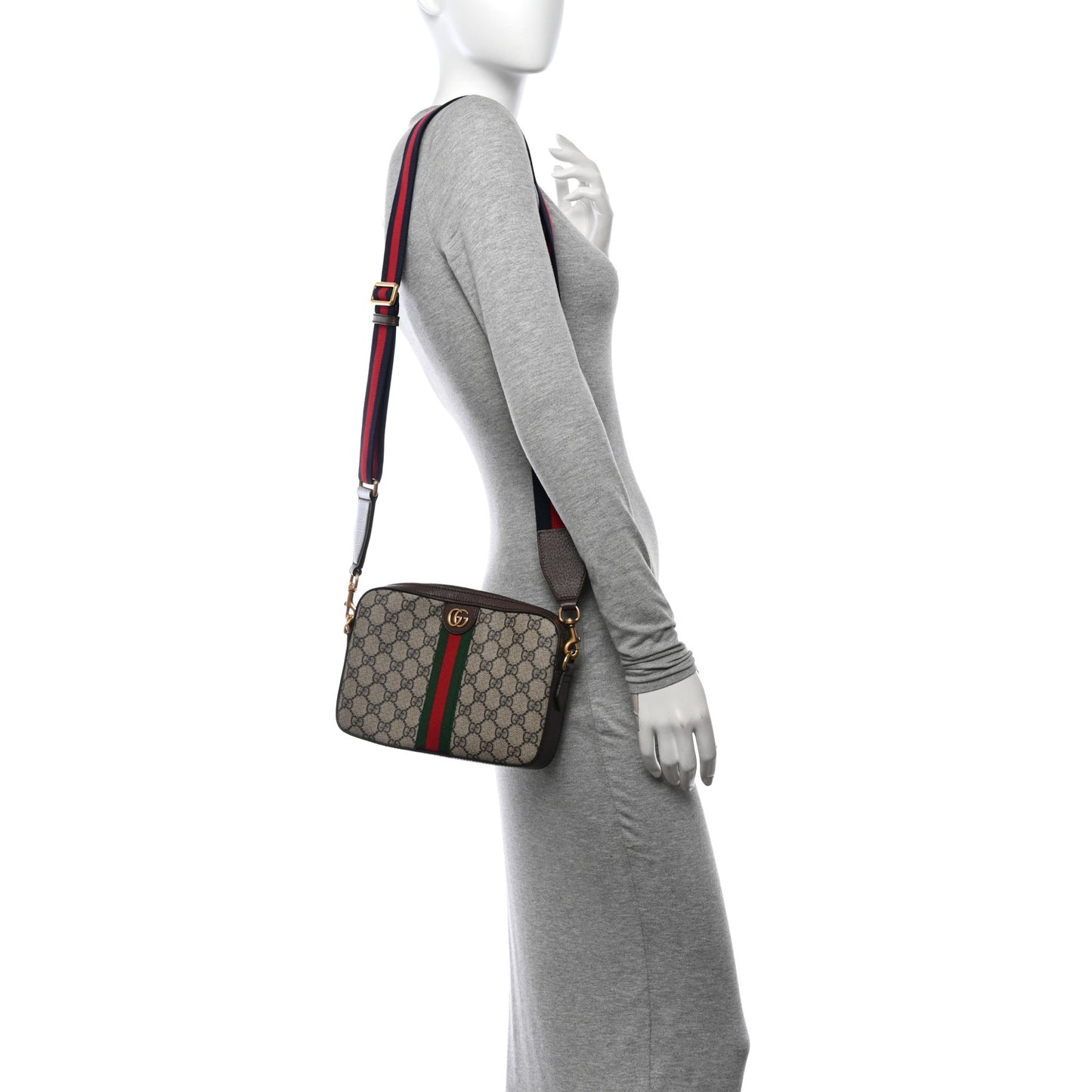 GG Supreme Monogram Textured Dollar Calfskin Web Ophidia Wristlet Shoulder Bag Beige Ebony New Acero