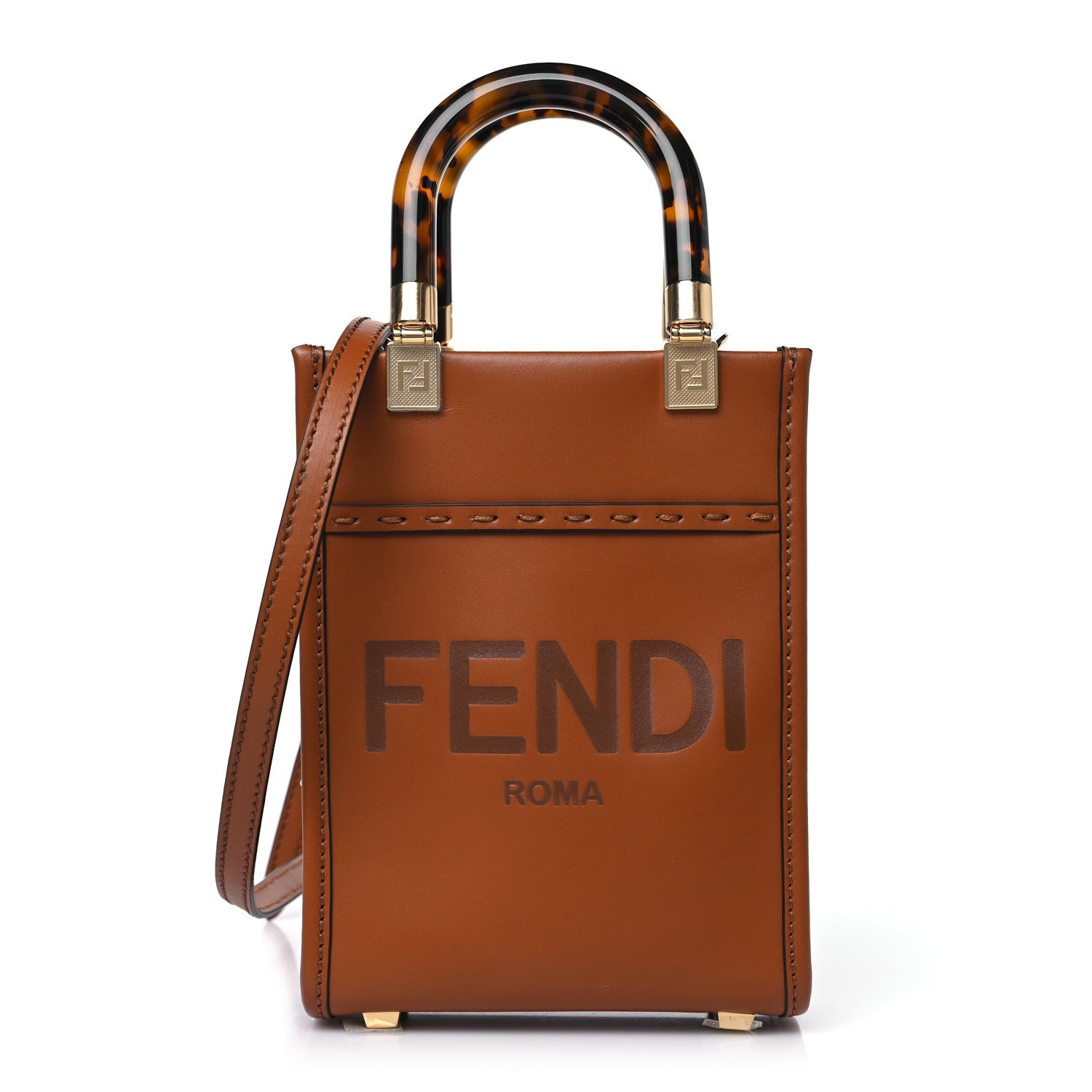 Fendi Vitello King Plexiglass Logo Embossed Mini Fendi Sunshine Shopper Tote Cuoio 1 of 9