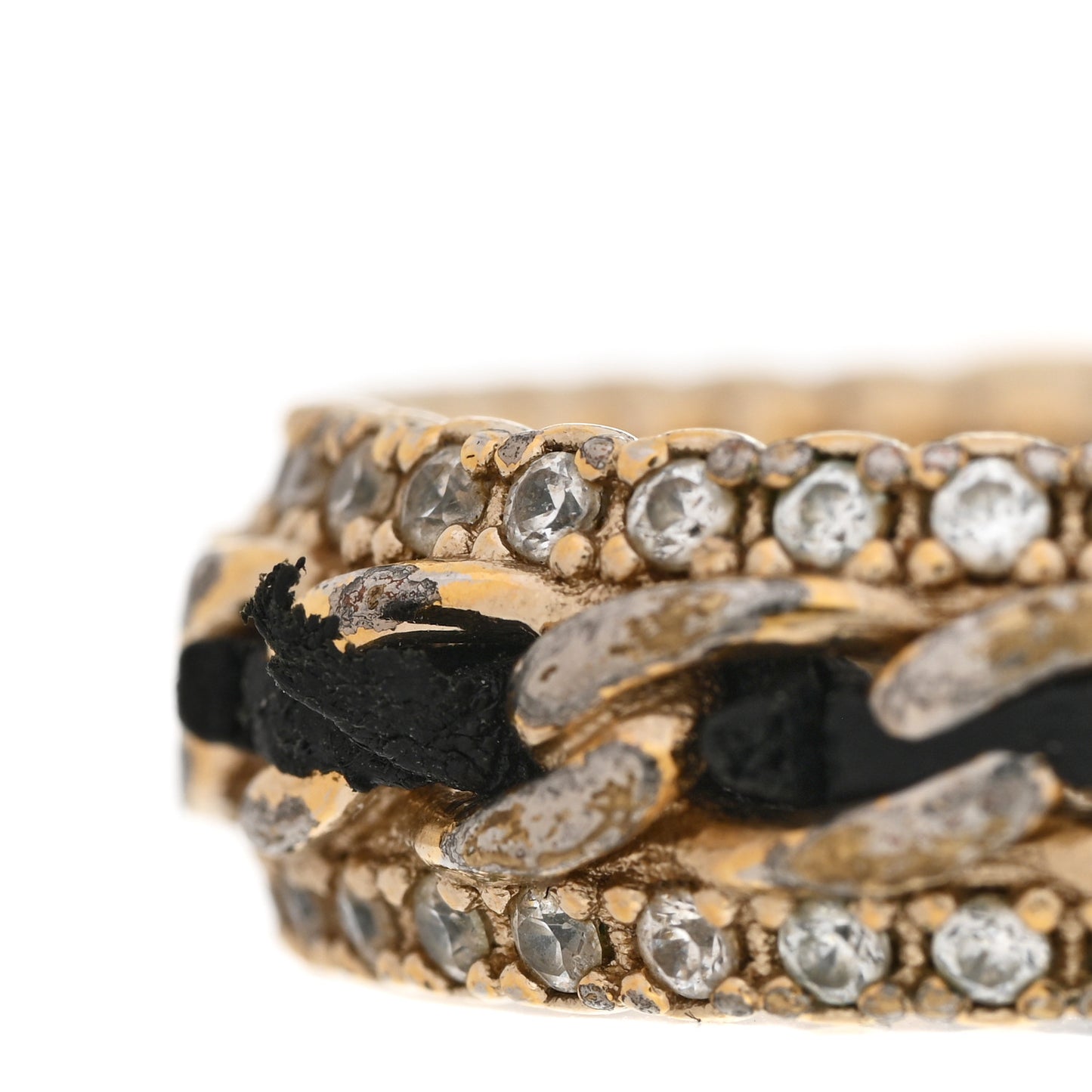 Metal Crystal Lambskin CC Ring 53/6.5 Gold Black
