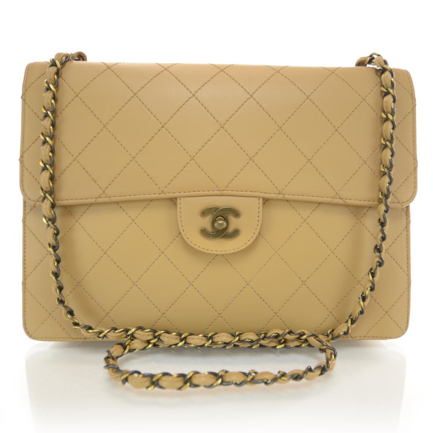 Lambskin Diamond Stitched Jumbo Flap Beige