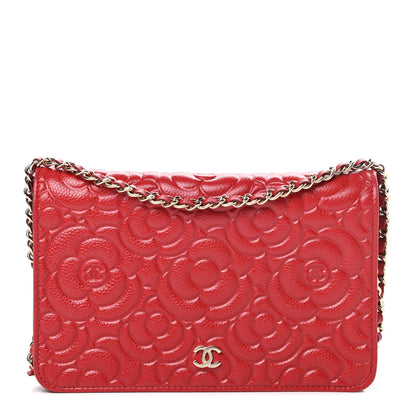 Chanel Caviar Camellia Embossed Wallet On Chain WOC Red 1 of 12