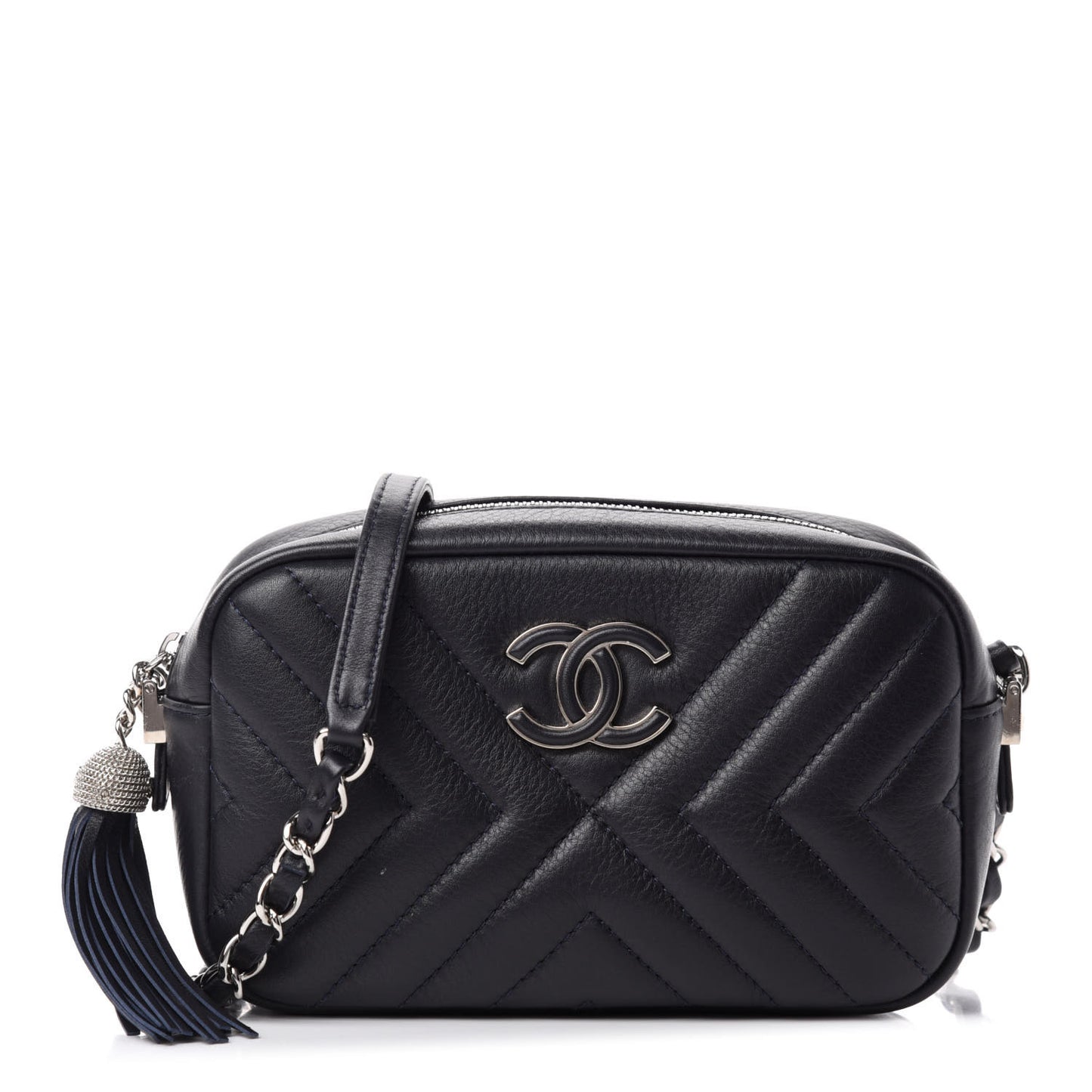 Calfskin Diagonal Chevron Quilted Tassel Camera Case Black