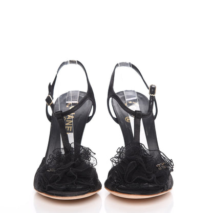 Chanel Satin Mesh Camellia CC Sandals size 38 Black 2 of 12