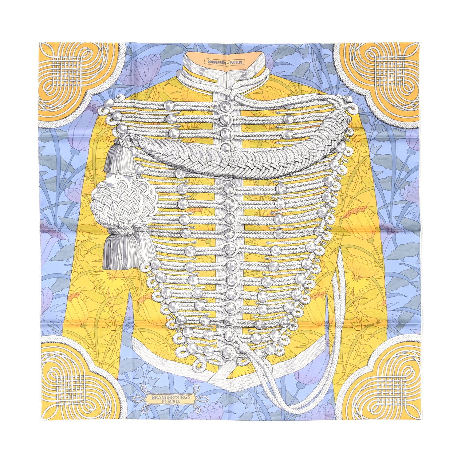 Hermes Silk Carre Double Face Brandebourgs Scarf 90 Lavande Jaune D'Or 1 of 6