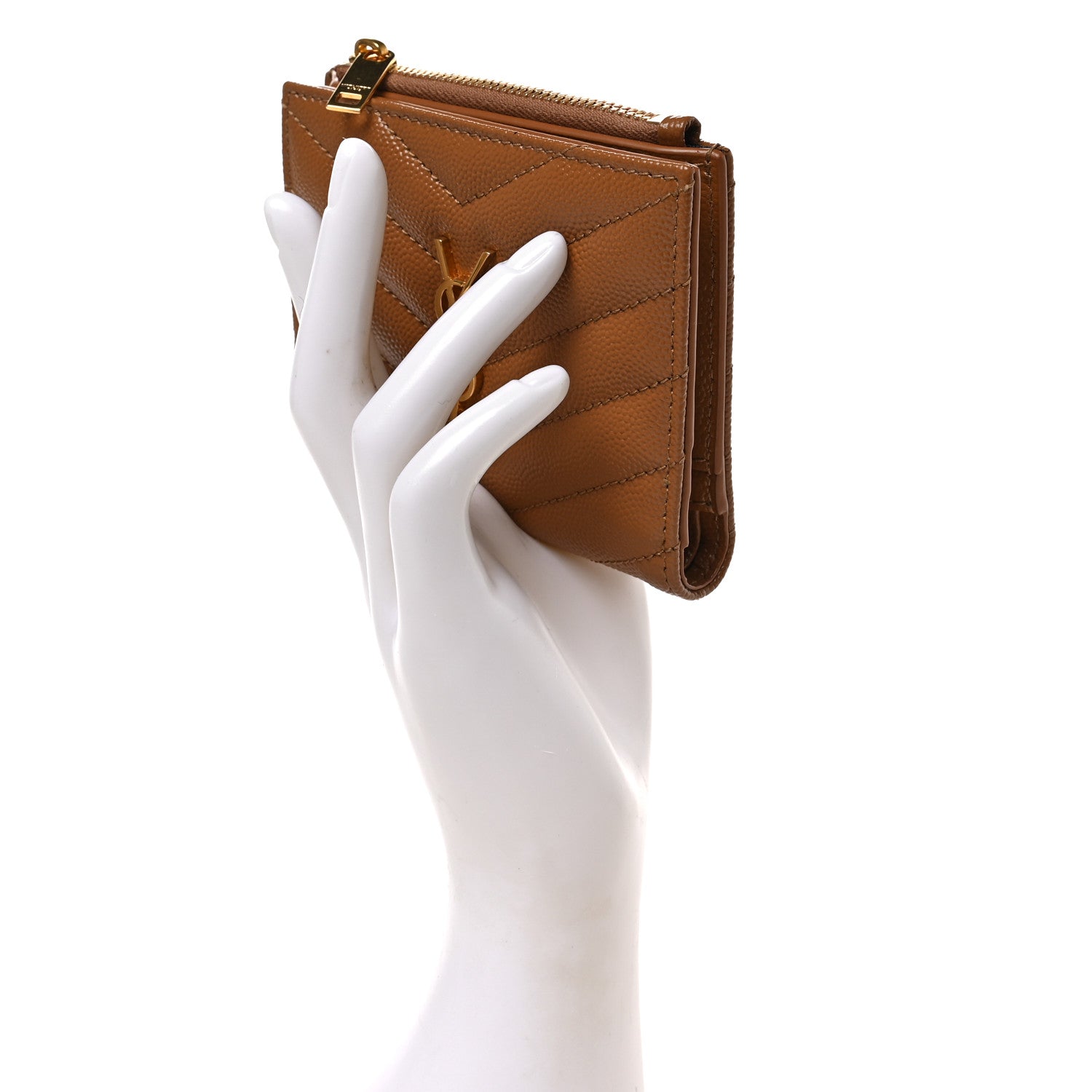 Saint Laurent Grain De Poudre Matelasse Chevron Monogram Zipped Card Case Dark Natural 2 of 7