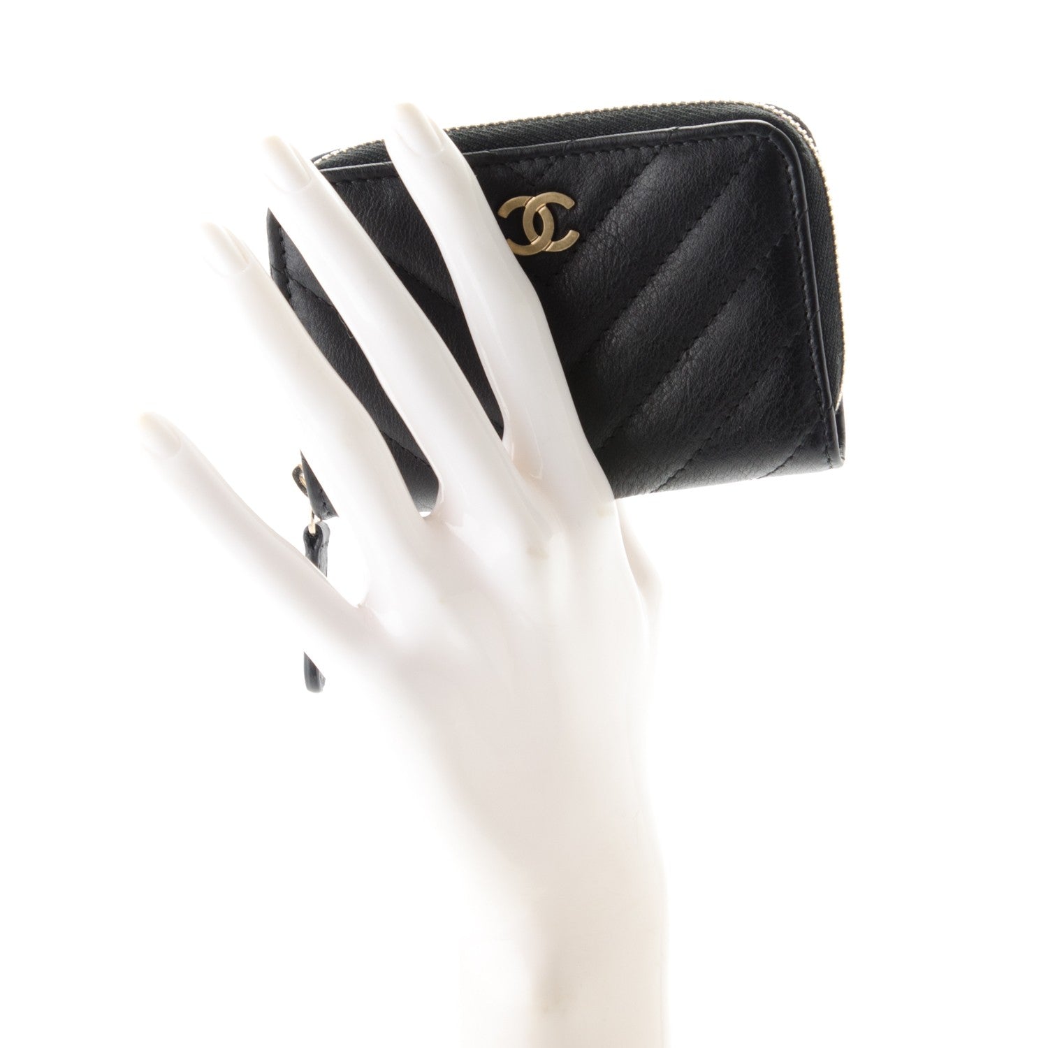 Chanel Calfskin Chevron Quilted Zip Around Coin Purse Wallet Black 2 of 7