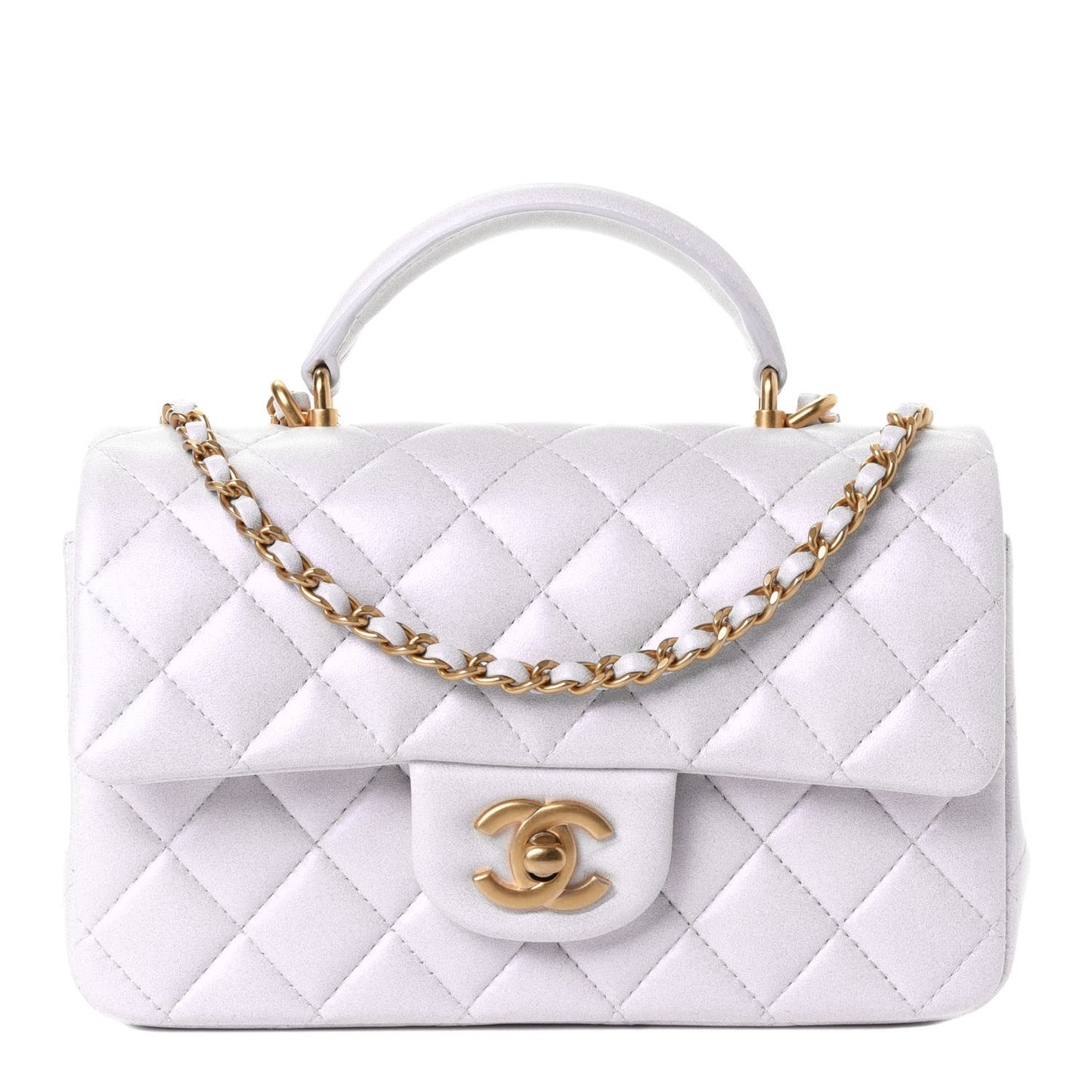 Iridescent Lambskin Quilted Mini Top Handle Rectangular Flap White