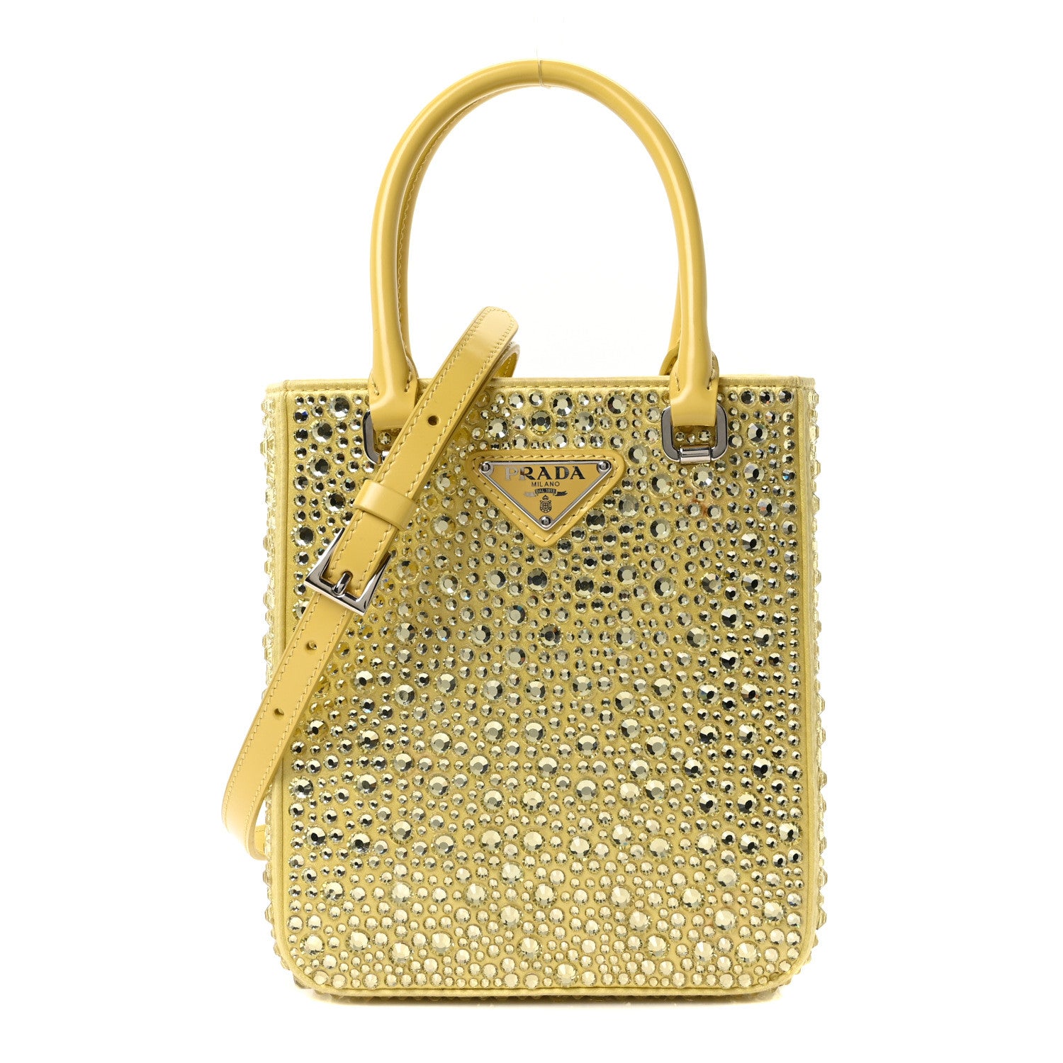 Prada Satin Crystal Metal Triangle Logo Small Double Handle Crossbody Tote Ananas 1 of 10