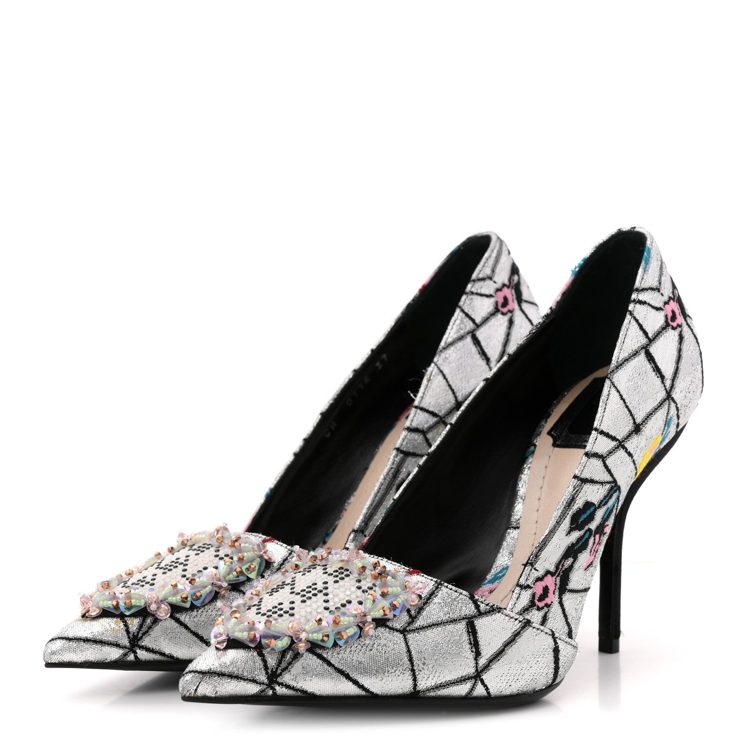 Christian Dior Lurex Embroidered Floral Pointed Toe Pumps 37 Silver Multicolor 4 of 12