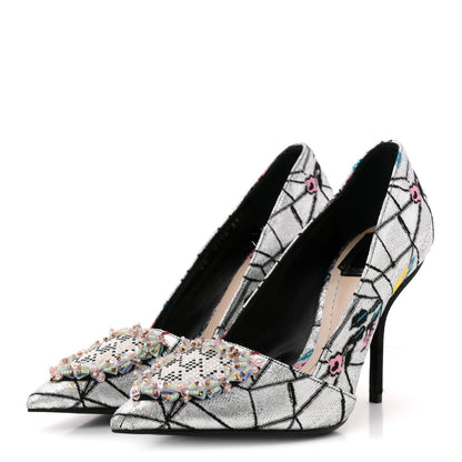 Christian Dior Lurex Embroidered Floral Pointed Toe Pumps 37 Silver Multicolor 4 of 12