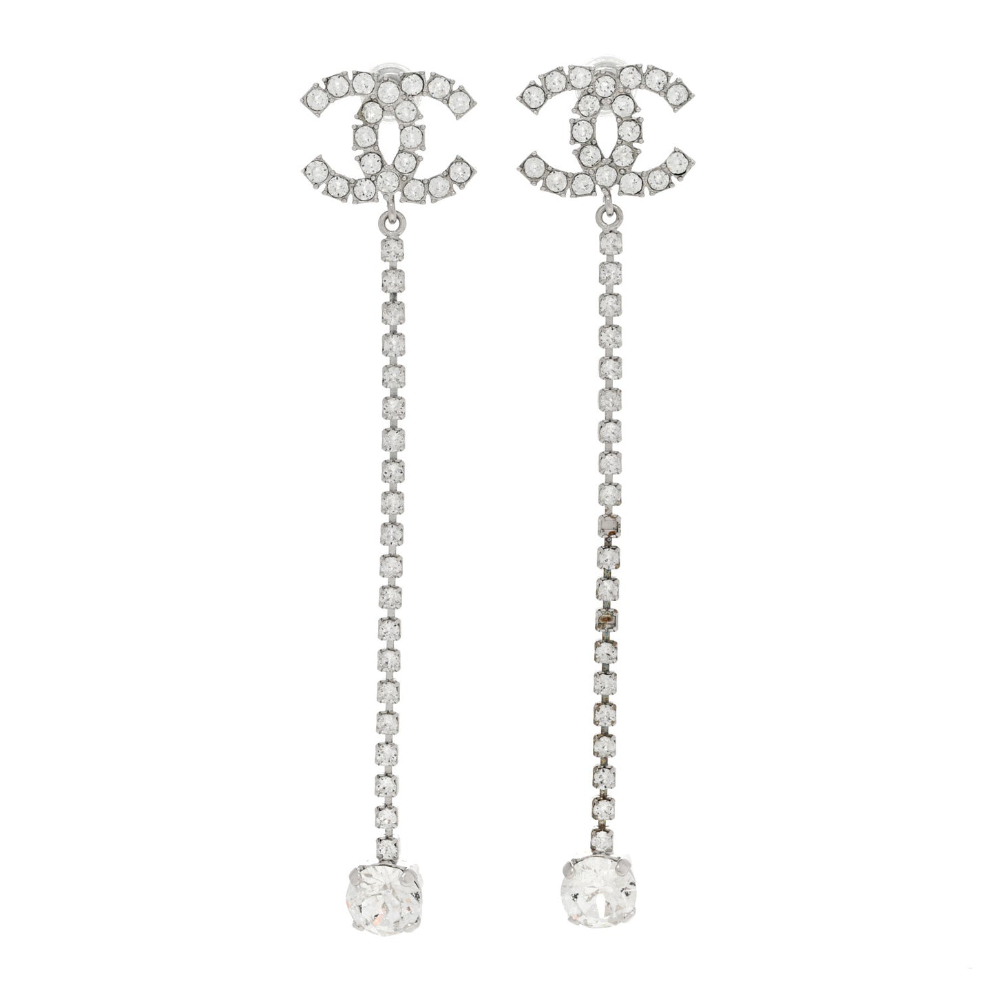Metal Baguette Round Crystal CC Drop Long Earrings Silver