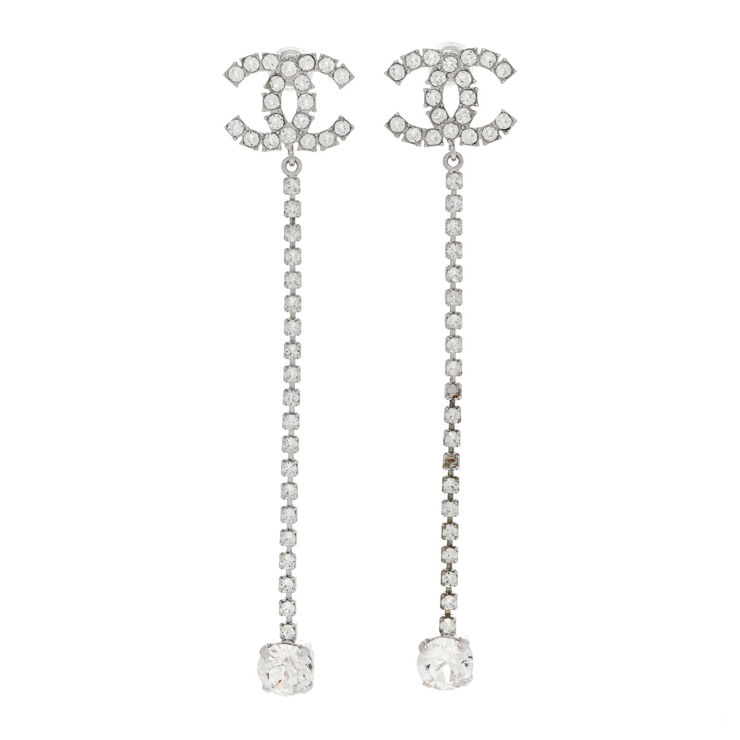Chanel Metal Baguette Round Crystal CC Drop Long Earrings Silver 1 of 6