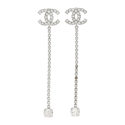 Chanel Metal Baguette Round Crystal CC Drop Long Earrings Silver 1 of 6